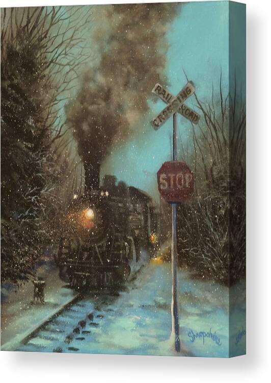 Steam Engine Canvas Print featuring the painting Snow and Steam by Tom Shropshire