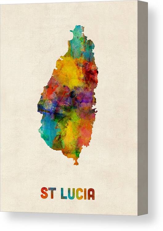 Map Art Canvas Print featuring the digital art St Lucia Watercolor Map by Michael Tompsett