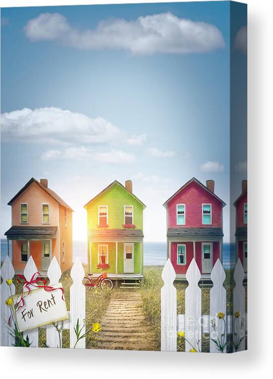 Atmosphere Canvas Print featuring the photograph Summer beach huts by the seashore by Sandra Cunningham
