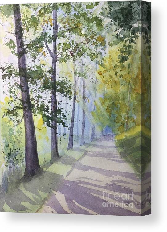Summer Road Watercolors Sun Rays Canvas Print featuring the painting Summer Road by Watercolor Meditations
