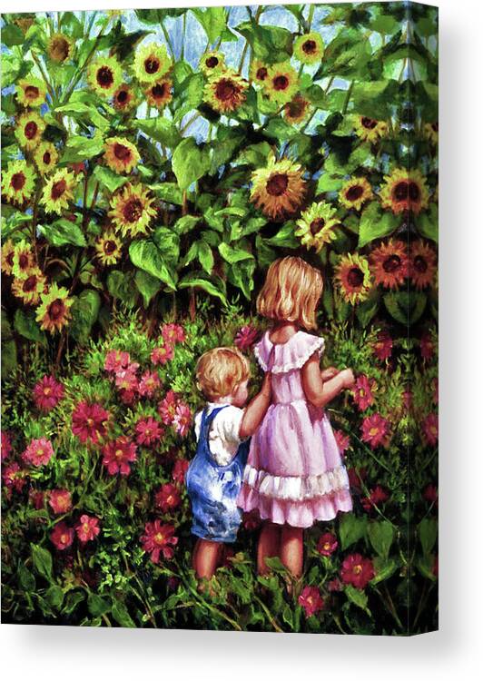 Children With Sunflowers Canvas Print featuring the painting Sunflower Garden by Marie Witte