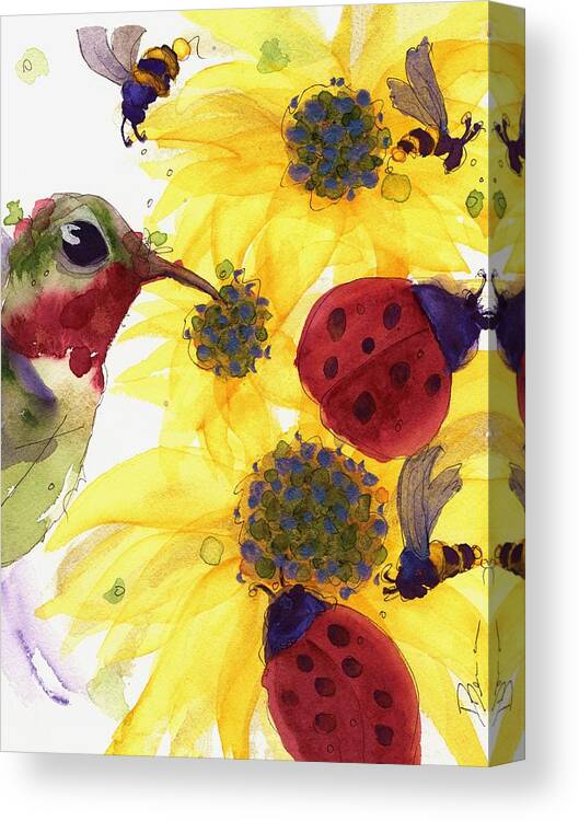 Hummingbird Canvas Print featuring the painting Sunflowers and Ladybugs by Dawn Derman