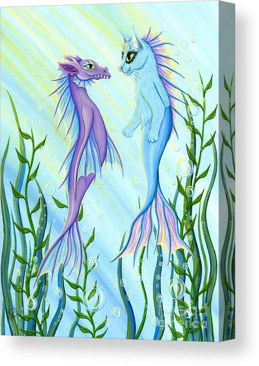 Mermaid Cat Canvas Print featuring the painting Sunrise Swim - Sea Dragon Mermaid Cat by Carrie Hawks