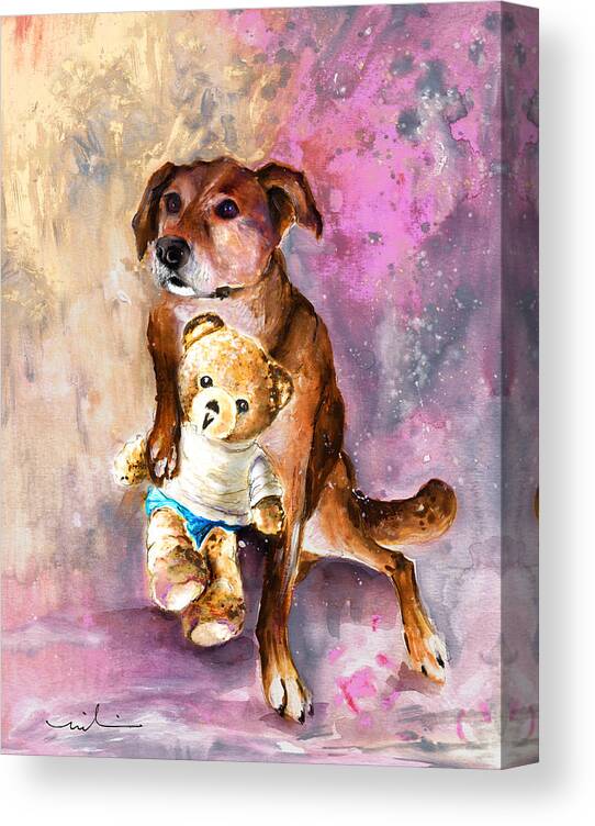 Truffle Mcfurry Canvas Print featuring the painting Teddy Bear Caramel And Dog Douchka by Miki De Goodaboom
