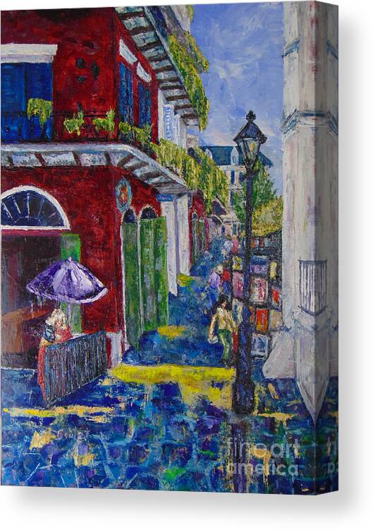 Cityscape Canvas Print featuring the painting The Purple Umbrella    Pirates Alley by Beverly Boulet