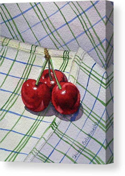Watercolor Paintings Canvas Print featuring the painting Three Sweet Cherries by Irina Sztukowski by Irina Sztukowski