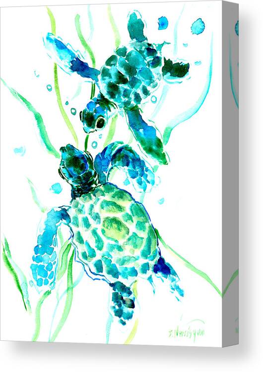 Sea Turtle Canvas Print featuring the painting Turquoise Indigo Sea Turtles by Suren Nersisyan