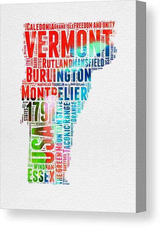 Vermont Canvas Print featuring the digital art Vermont Watercolor Word Cloud by Naxart Studio
