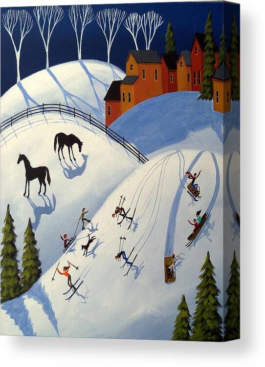 Folk Art Canvas Print featuring the painting Winter Fun Day - folk art landscape by Debbie Criswell