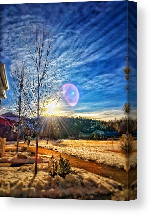 Trees Snow Sun Mountain Arizona Northern Town Williams Canvas Print featuring the photograph Winter up North by Brandon Stevens