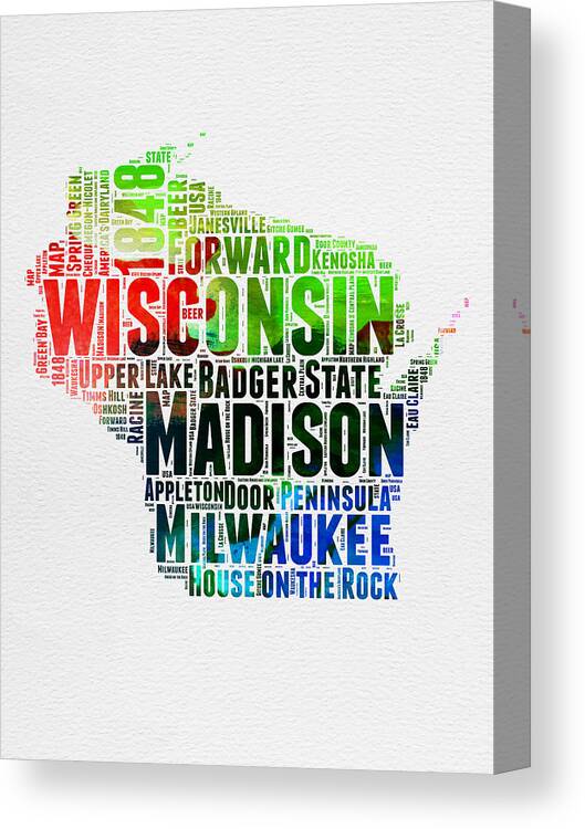 Wisconsin Canvas Print featuring the digital art Wisconsin Watercolor Word Cloud Map by Naxart Studio