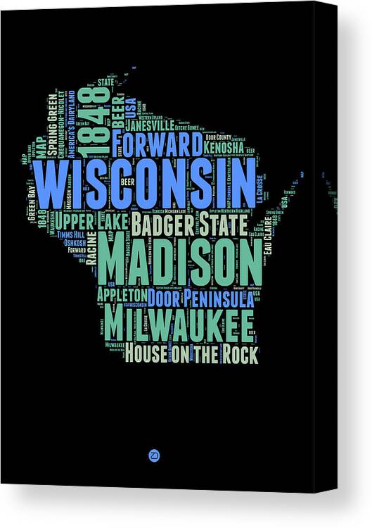 Wisconsin Canvas Print featuring the digital art Wisconsin Word Cloud Map 1 by Naxart Studio