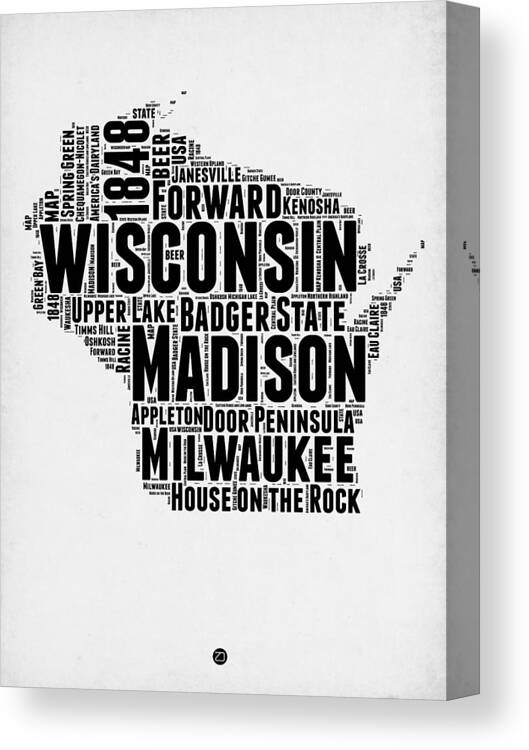 Wisconsin Canvas Print featuring the digital art Wisconsin Word Cloud Map 2 by Naxart Studio