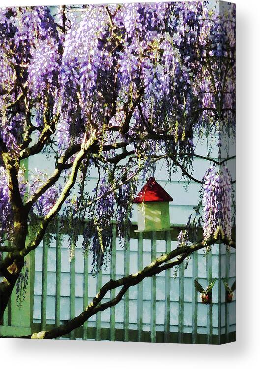 Spring Canvas Print featuring the photograph Wisteria and Birdhouse by Susan Savad
