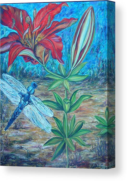 Dragonfly Canvas Print featuring the painting Wood Lily by Bonnie Peacher