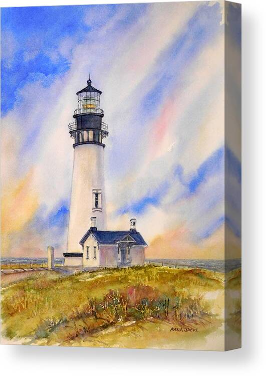 Yaquina Head Lighthouse In Watercolor Canvas Print featuring the painting Yaquina Head Lighthouse by Anna Jacke