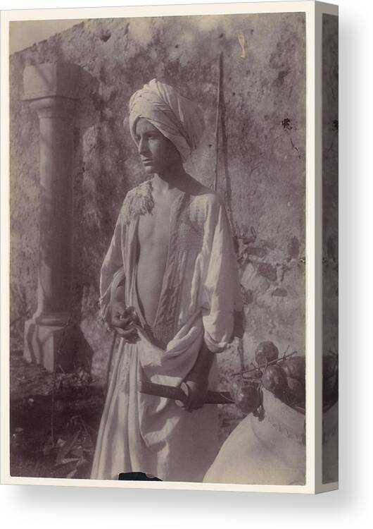 [young Man In White Robe And Head Gear Holding Scabbard Canvas Print featuring the painting Young Man in White Robe and Head Gear Holding Scabbard by MotionAge Designs