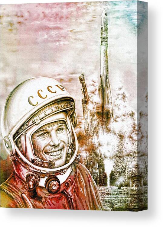 Yuri Gagarin Canvas Print featuring the painting Yuri Gagarin - Cosmonaut 1961 Watercolor by Ian Gledhill