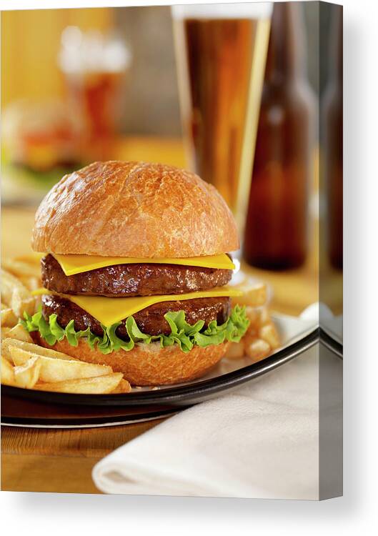 Pub Food Canvas Print featuring the photograph Double Cheeseburger With A Beer #1 by Lauripatterson