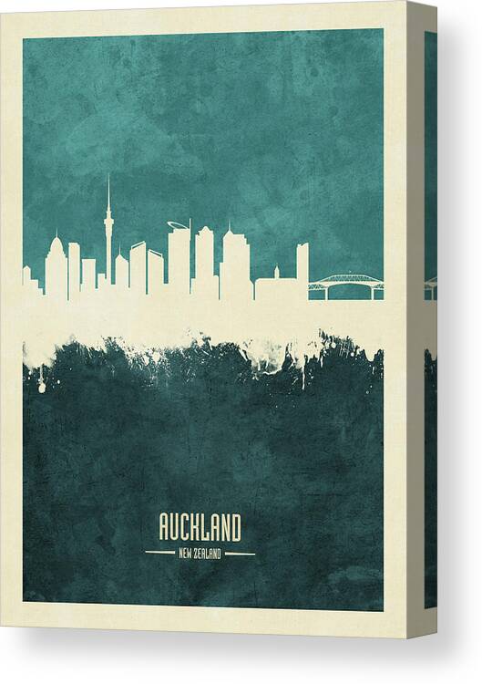 Auckland Canvas Print featuring the digital art Auckland New Zealand Skyline #10 by Michael Tompsett