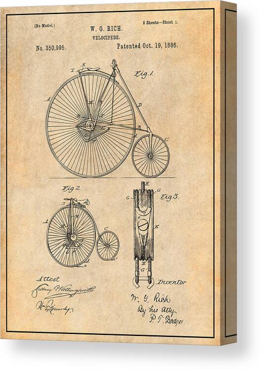 1886 W. G. Rich Velocipede Bicycle Patent Print Canvas Print featuring the drawing 1886 W. G. Rich Velocipede Bicycle Antique Paper Patent Print by Greg Edwards