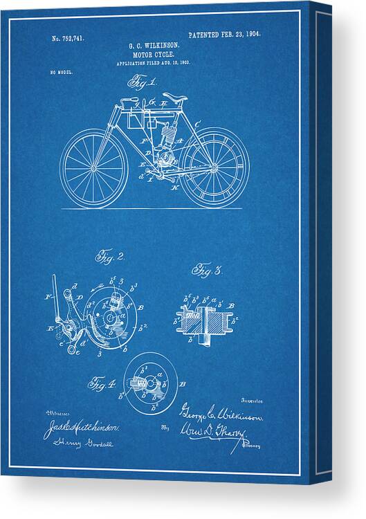 1904 Wilkinson Antique Motorcycle Patent Print Canvas Print featuring the drawing 1904 Wilkinson Antique Motorcycle Patent Print Blueprint by Greg Edwards
