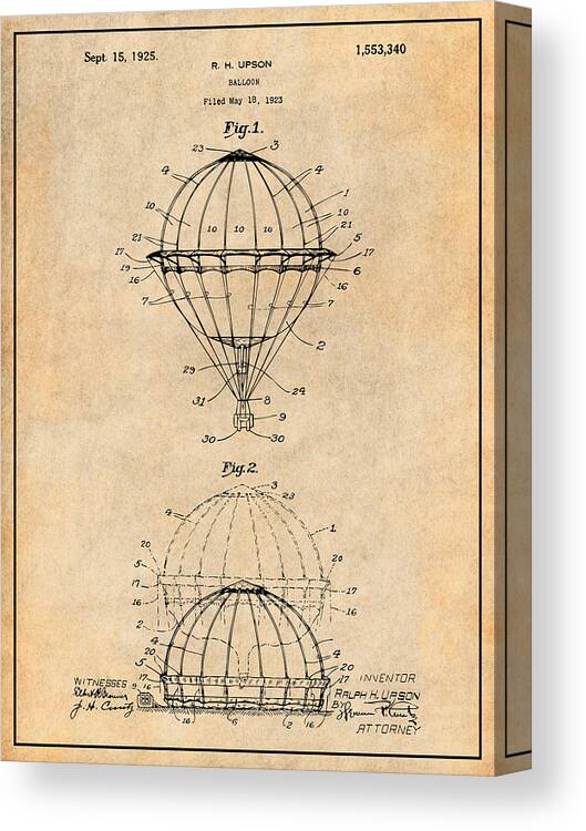 Art & Collectibles Canvas Print featuring the drawing 1923 Hot Air Balloon Patent Print Antique Paper by Greg Edwards