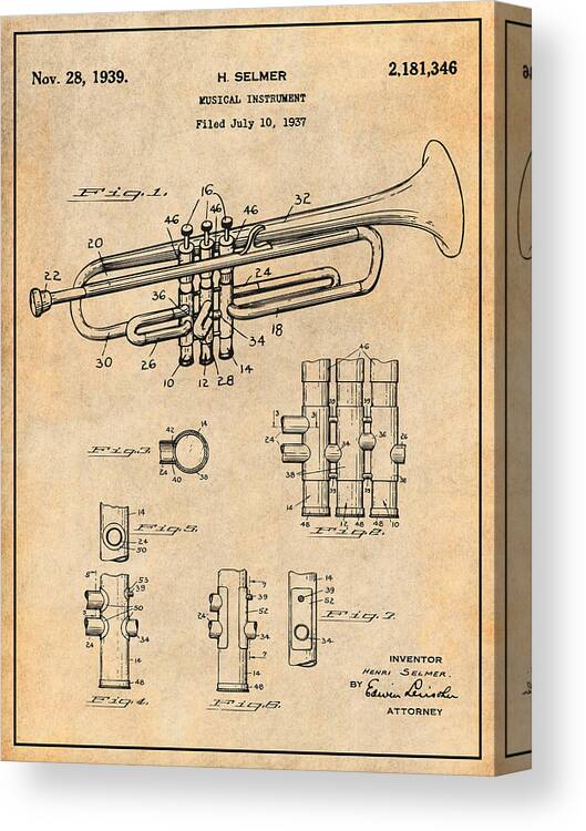 1937 Trumpet Patent Print Canvas Print featuring the drawing 1937 Trumpet Antique Paper Patent Print by Greg Edwards