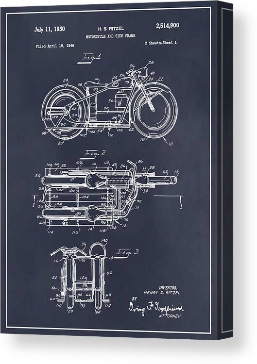 1950 Ritzel Motorcycle Patent Print Canvas Print featuring the drawing 1950 Ritzel Motorcycle Patent Print Blackboard by Greg Edwards