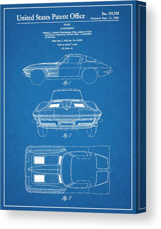 1963 Corvette Canvas Print featuring the drawing 1963 Corvette Stingray Car Poster, Corvette Stingray Patent, Corvette Stingray Blueprint, Corvette S by Greg Edwards
