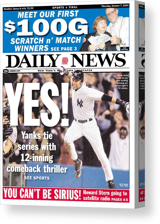 American League Baseball Canvas Print featuring the photograph Daily News Front Page Derek Jeter by New York Daily News