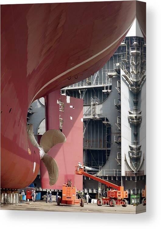 Asian Canvas Print featuring the photograph Crude Oil Tanker Being Built #5 by David Parker/science Photo Library