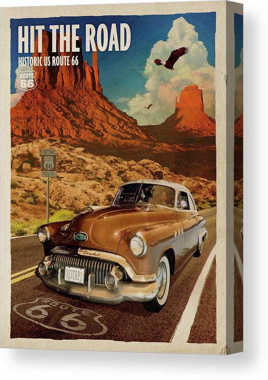 Route66 Canvas Print featuring the mixed media 66 Desert Cruise by Old Red Truck