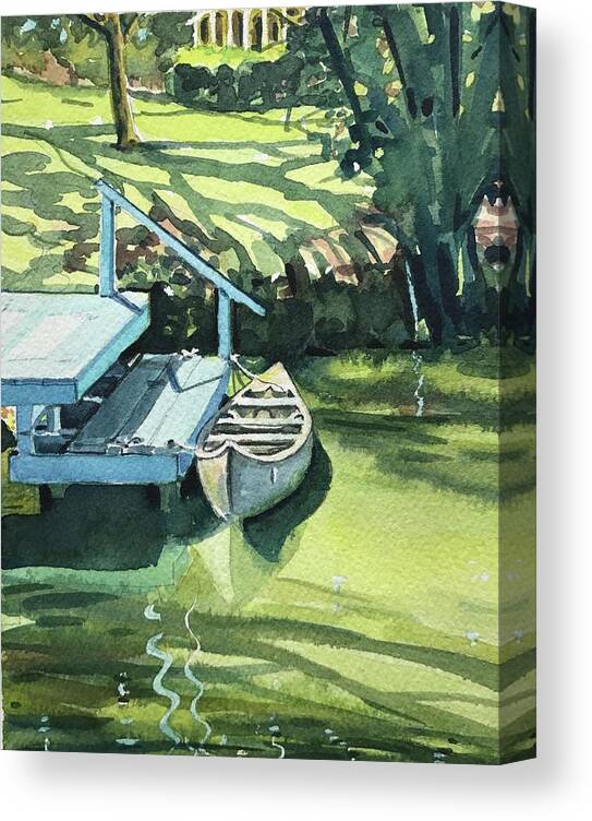 Watercolor Canvas Print featuring the painting Blue Dock by Luisa Millicent