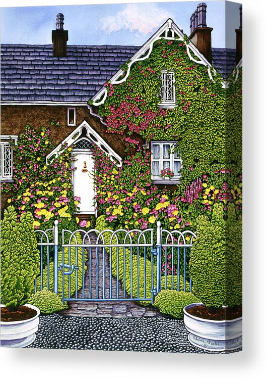 Vertical Version Of Cottage With Flowers And Fence In Front Of It Canvas Print featuring the painting Blue Gate Cottage 2 by Thelma Winter