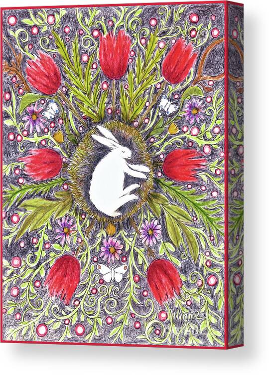 Lise Winne Canvas Print featuring the mixed media Bunny Nest with Red Flowers Variation by Lise Winne