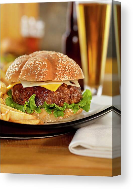 Pub Food Canvas Print featuring the photograph Cheeseburger With Fries And A Beer by Lauripatterson