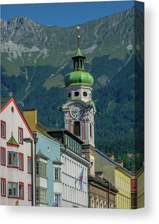 Austria Canvas Print featuring the photograph Clock Tower of Innsbruck by Marcy Wielfaert