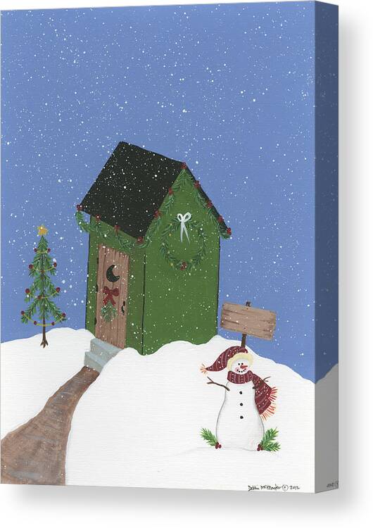 Snowman Canvas Print featuring the painting Dark Green Outhouse by Debbie Mcmaster