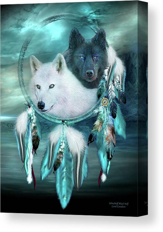 Carol Cavalaris Canvas Print featuring the mixed media Dream Catcher - White Wolf Black Wolf by Carol Cavalaris