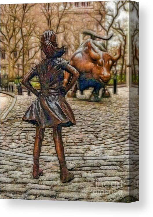 Computer Canvas Print featuring the photograph Vintage Fearless Girl and Wall Street Bull Statue #3 by Doc Braham