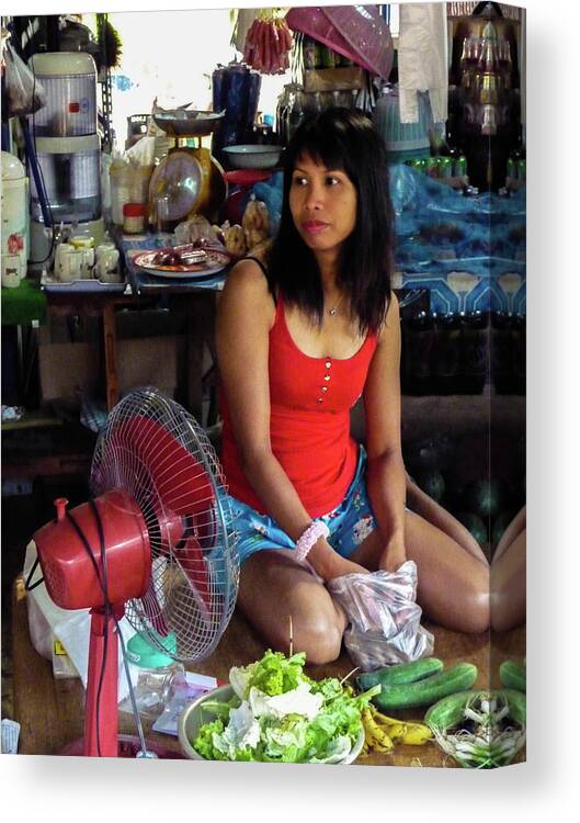 Girl Canvas Print featuring the photograph Girl in a shop by Jeremy Holton