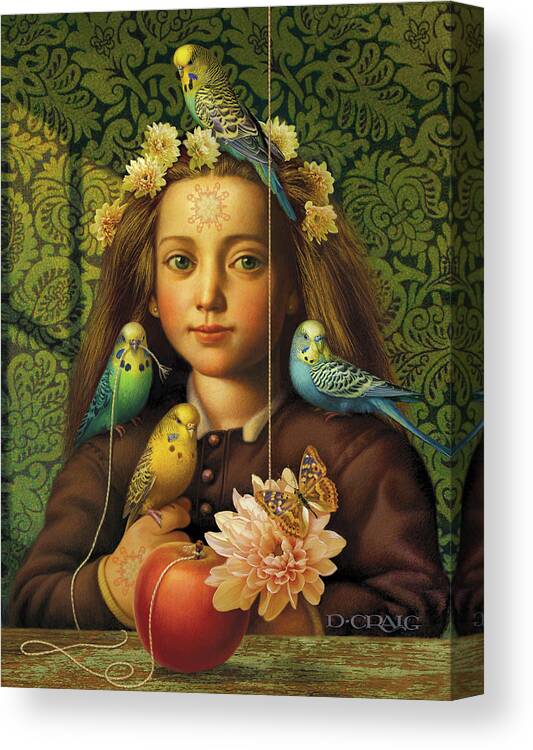 Girl With Parakeet Canvas Print featuring the painting Girl With Parakeets by Dan Craig