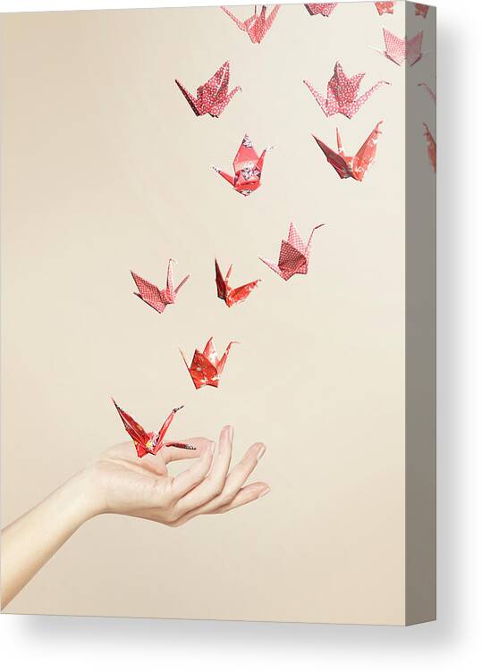 People Canvas Print featuring the photograph Group Of Red Origami Cranes Flying Away by Paper Boat Creative