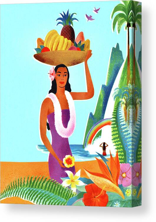Adult Canvas Print featuring the drawing Hawaiian Woman with a Fruit Basket on Her Head by CSA Images