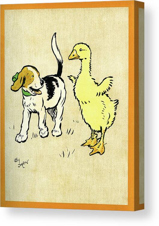 Puppy Canvas Print featuring the mixed media Illustration of puppy and gosling by Cecil Aldin