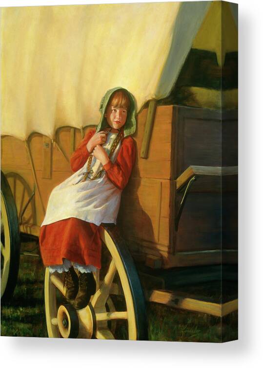 Pioneer Girl Sitting By A Covered Wagon. Nostalgic Canvas Print featuring the painting Journey Of Faith by David Lindsley