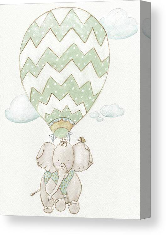 Baby Giraffe Canvas Print featuring the painting Little Traveler Baby Elephant In Hot Air Balloon - Gender Neutral Nursery by Debbie Cerone