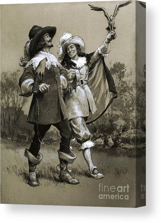 Cheerful Canvas Print featuring the painting Louis Xiii As A Young Man With His Friend The Falconer Albert De Luynes by Frank Marsden Lea
