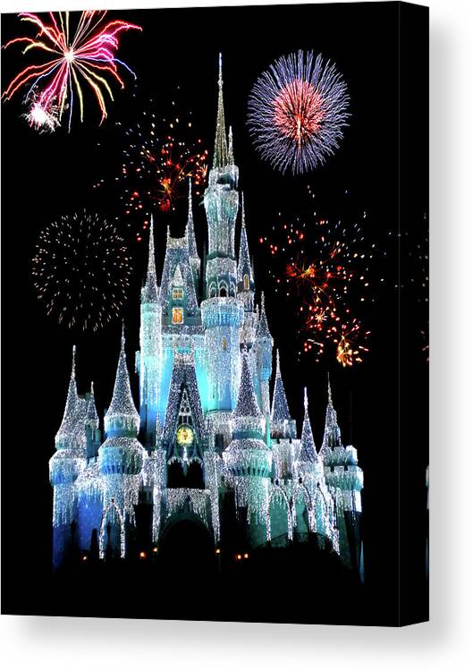 Castle Canvas Print featuring the photograph Magic Kingdom Castle In Frosty Light Blue with Fireworks 06 by Thomas Woolworth